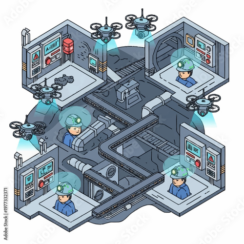 Isometric illustration of a cryptocurrency mining operation with workers and drones.