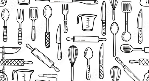 Seamless pattern of hand-drawn kitchen utensils and cooking tools.