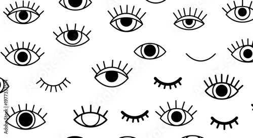 Seamless pattern with open and closed doodle eyes, hand drawn sketch style.
