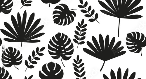 Seamless pattern with various black tropical leaves on a white background.