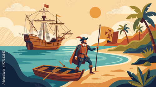Portuguese Explorer Landing on Tropical Shore with Caravel Ship
