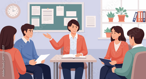 Teacher Discussing with Students in Classroom.