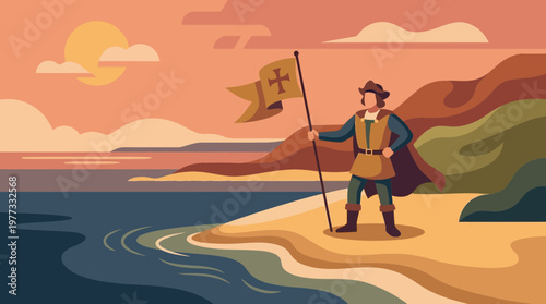 Historical Explorer with Flag Standing on Shore at Sunset