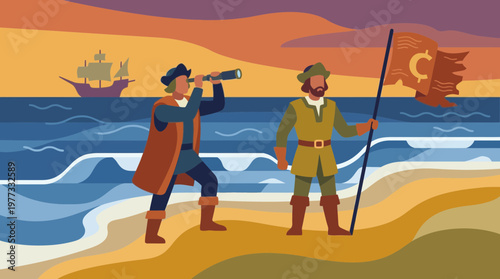 Historical Explorers on Beach with Spyglass and Flag Illustration