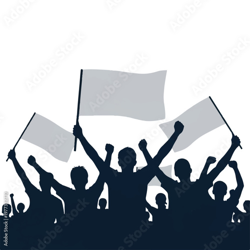 A group of faceless, stylized soccer fans with arms raised in celebration, holding blank flags. The composition uses high-contrast silhouettes and a clean, minimalist approach with plenty of