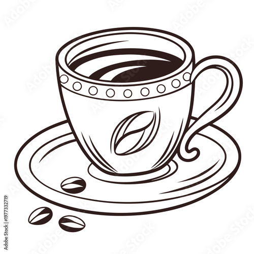 A minimalist line art illustration of a coffee cup and saucer