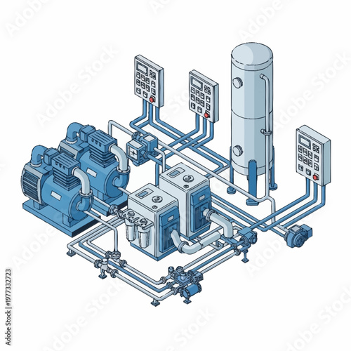 Isometric illustration of an industrial water treatment system with pumps and tanks.