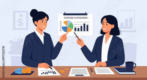 Two Businesswomen Analyzing Data and Charts Together.