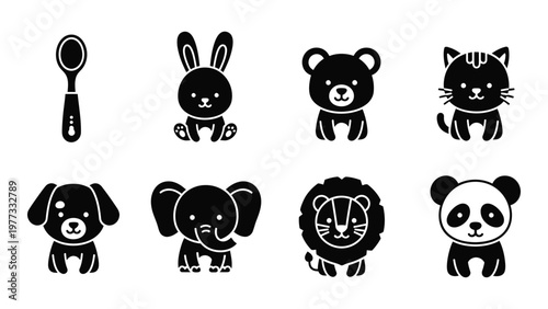 A collection of black silhouette icons depicting various adorable baby animals and a feeding spoon high quality professional detailed modern elegant