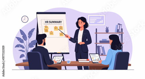 Woman presenting to colleagues in meeting room.