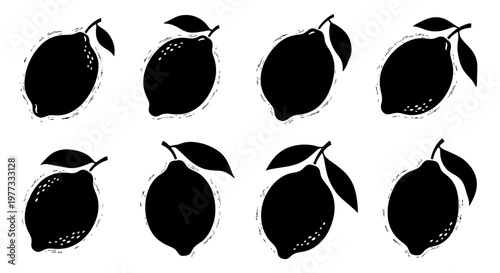 Bild auf Leinwand Set of Eight Black Silhouette Lemons with Leaves on White Background