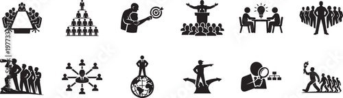 Leadership icon set with hierarchy, manager, mentor and coaching symbols. Business vector illustration.