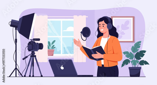 Woman Recording Video with Camera and Microphone.