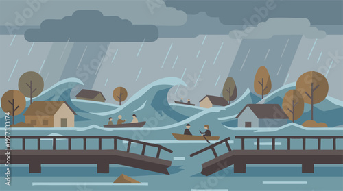 Flat design illustration of a catastrophic flood with heavy rain and submerged houses