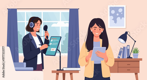 Woman Recording Voiceover in Studio Setting.