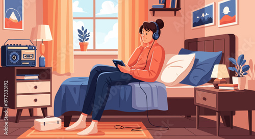 Woman Relaxing on Bed with Headphones.