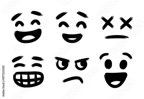 Hand Drawn Black Emoji Faces Expressing Different Emotions White Background expression