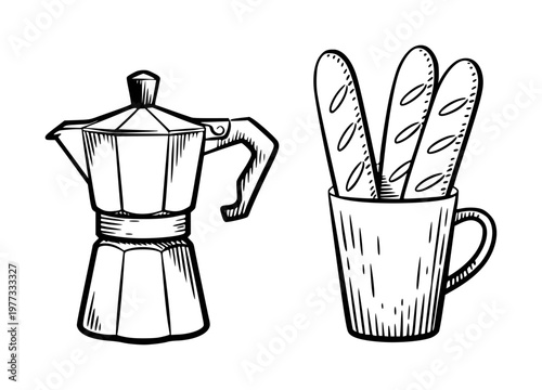 Hand Drawn Italian Moka Pot Coffee Maker and Baguette Bread in a Cup espresso