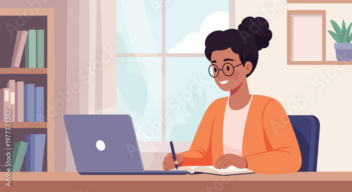 Woman Working on Laptop and Writing Notes.