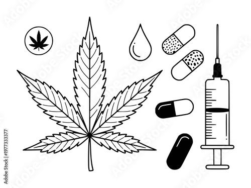 Leaf pills syringe drop and symbol isolated white background line medical medicine