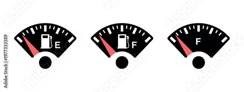 Fuel gauge vector scale and fuel meter illustration showing gasoline indicator levels for vehicle dashboard interface and energy monitoring design