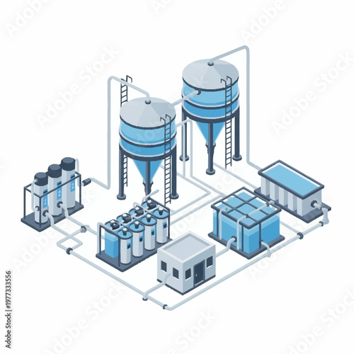 Isometric Industrial Water Treatment Plant with Tanks and Filtration Systems.