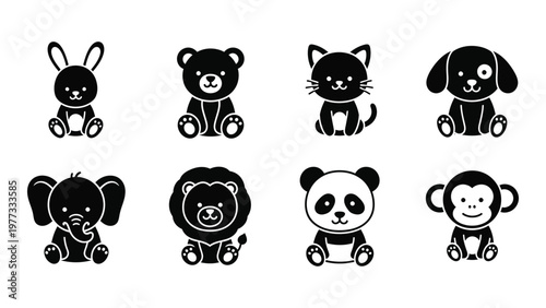 A collection of adorable simplified black silhouette icons depicting various baby animals including a bunny bear and lion high quality professional