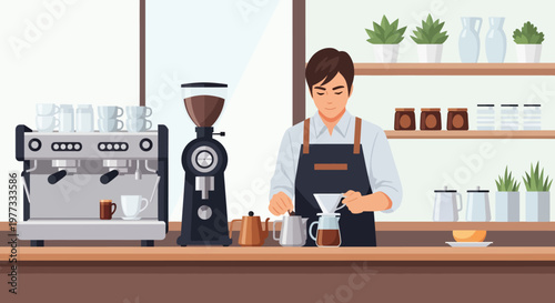 Barista Preparing Coffee in Coffee Shop.