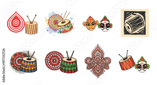 Drums and folk masks with mandala motifs for cultural celebrations and traditional events.