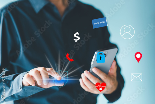 Personal Data Protection Act or PDPA concept. People  use a phone with fingerprint scanning concept. Shield with lock icon on screen, futuristic protection from privacy scammer.
