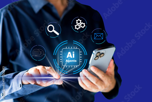 Modern businessman interacting with advanced AI agents and digital interface to optimize corporate and private workflow and business automation.
