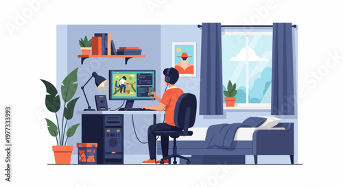 Man Sitting at Desk Using Computer.