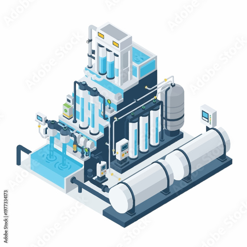 Isometric Water Treatment Plant Illustration for Industrial Purification.