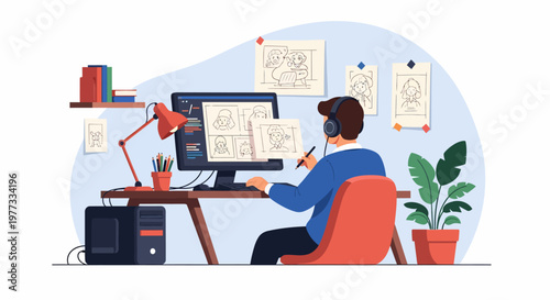 Man Working on Computer at Desk.