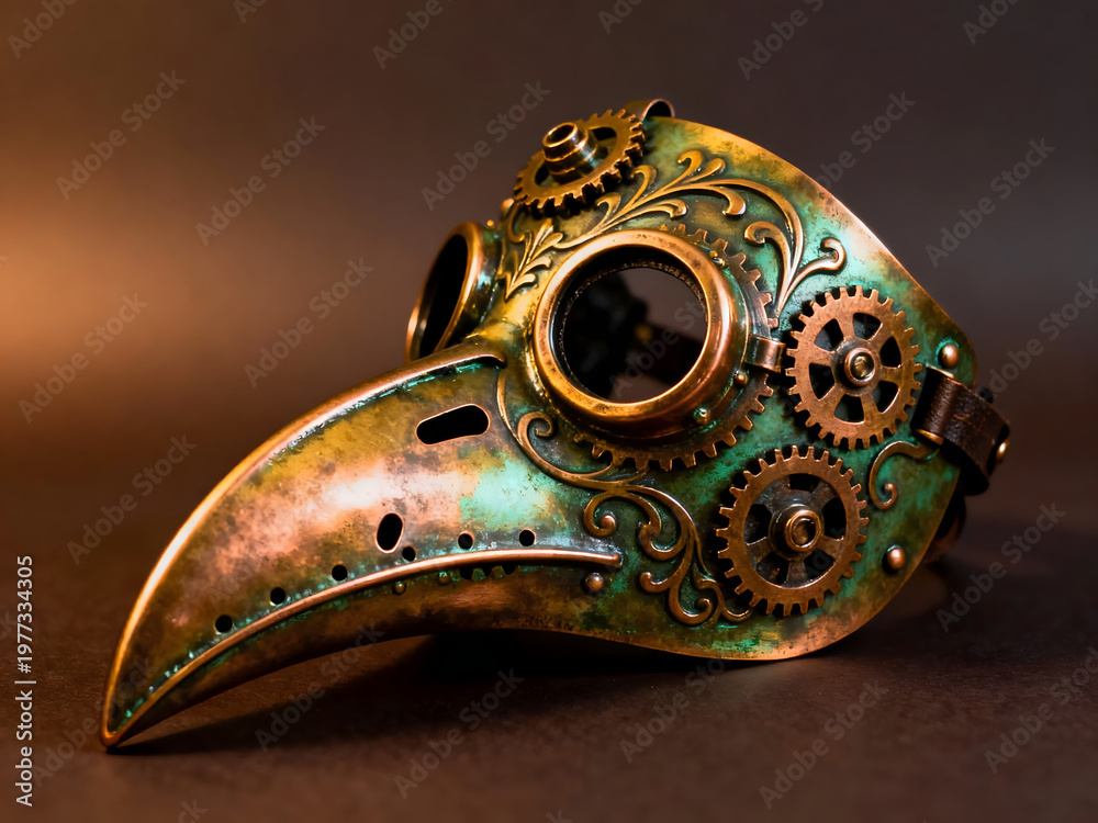 Fototapeta premium Steampunk plague doctor mask with brass gears and green patina on dark background