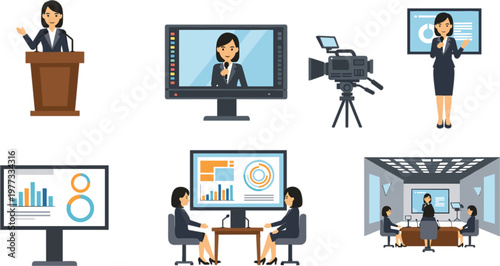Professional news anchor and business woman character set presenting data charts on screen in television studio and conference room