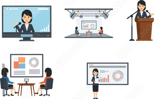 Professional news anchor and business woman character set presenting data analytics charts in television studio and corporate board meeting room