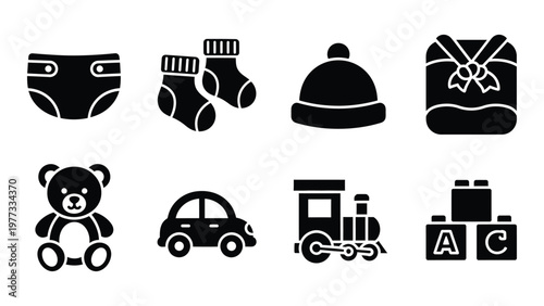 A collection of black silhouette icons depicting baby essentials like diapers clothes toys and a gift high quality professional detailed modern