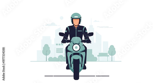 Urban Commuter on Scooter A Dynamic Flat Vector Illustration of a Person Riding Through the Cityscape, Symbolizing Modern Mobility and Efficient Delivery Services in a Bustling Environment