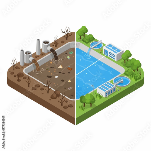 Water pollution and purification isometric comparison.