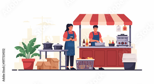 Street Food Vendors Cooking at Cart Stall.