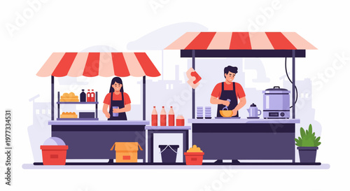 Street Food Vendors Serving Customers at Stalls.