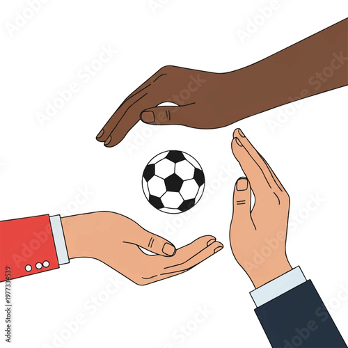 Three diverse hands from different cultures joined together in a circle, supporting a minimalist soccer ball in the center. Symbolizing unity across North America. Clean lines, limited flat