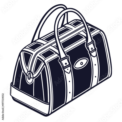 A minimalist illustration of a black and white duffel bag with handles and buckles