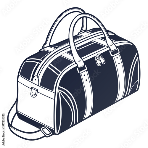 A minimalist illustration of a navy blue duffel bag with white accents and straps
