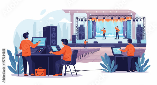 Technicians Working on Sound and Lighting Equipment.