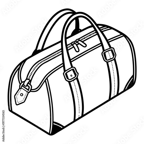 A minimalist line art illustration of a duffel bag with buckles and zippers