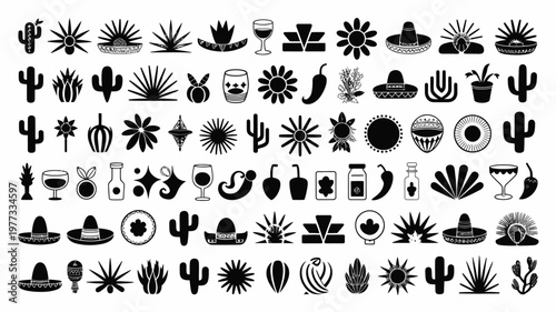 Silhouette icons of cacti agave tequila bottles margaritas and mexican inspired symbols arranged in a bold black and white design