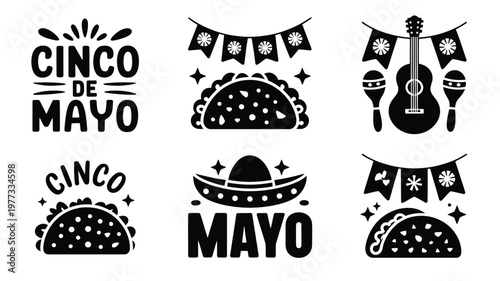 Minimalistic cinco de mayo icon set with festive tacos sombreros maracas and guitar silhouettes in black and white