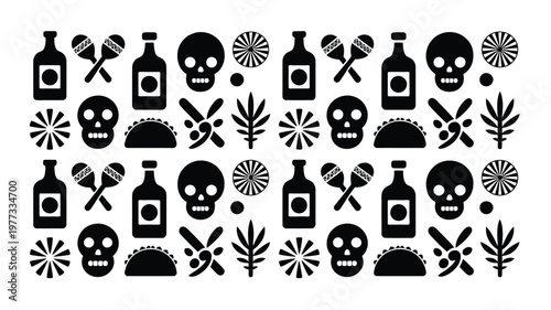 Symmetrical grid of cinco de mayo silhouettes featuring skulls tequila bottles maracas and festive fireworks on a clean white background